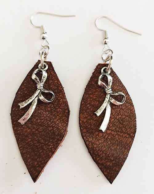 Earrings, Brown Leather + Nickel Findings And Ear Hooks, 76mm, Handmade Leather Product, Unique, 2pc