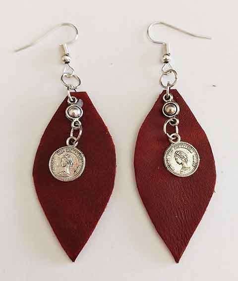 Earrings, Red Leather + Nickel Findings And Ear Hooks, 74mm, Handmade Leather Product, Unique, 2pc
