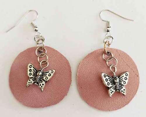 Earrings, Pink + Nickel Findings And Ear Hooks, 60mm, Handmade Leather Product, Unique, 2pc