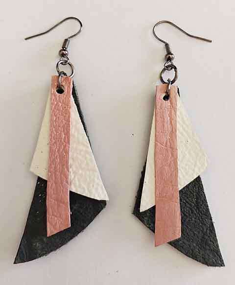 Earrings, Pink, White & Grey Leather + Black Nickel Ear Hooks, Handmade Leather Product, Unique, 2pc