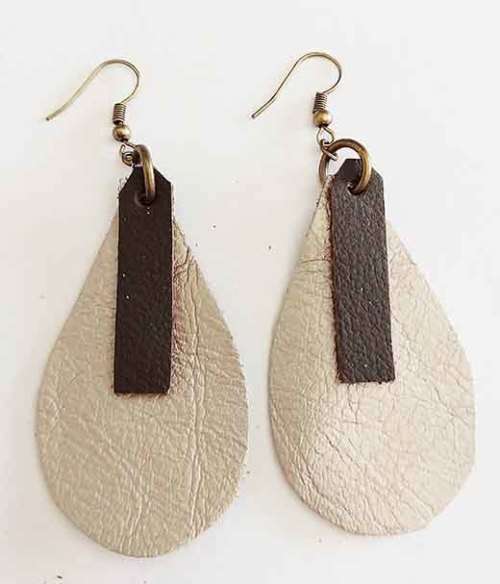 Earrings, Champagne + Brown Leather + Bronze Ear Hooks, 71mm, Handmade Leather Product, Unique, 2pc