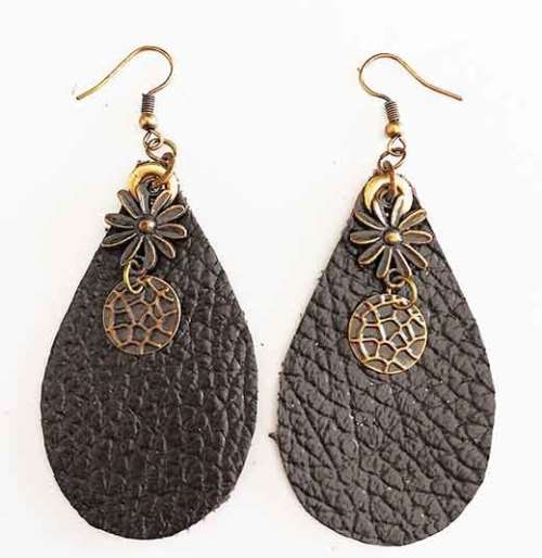 Earrings, Brown Leather + Bronze Findings And Ear Hooks, 78mm, Handmade Leather Product, Unique, 2pc