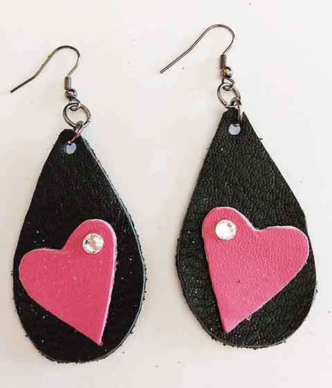 Earrings, Black + Pink Leather + Black Nickel Ear Hooks, Handmade Leather Product, Unique, 2pc