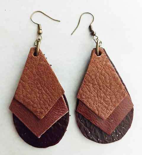 Earrings, Shades Of Brown Leather + Bronze Ear Hooks, 83mm, Handmade Leather Product, Unique, 2pc