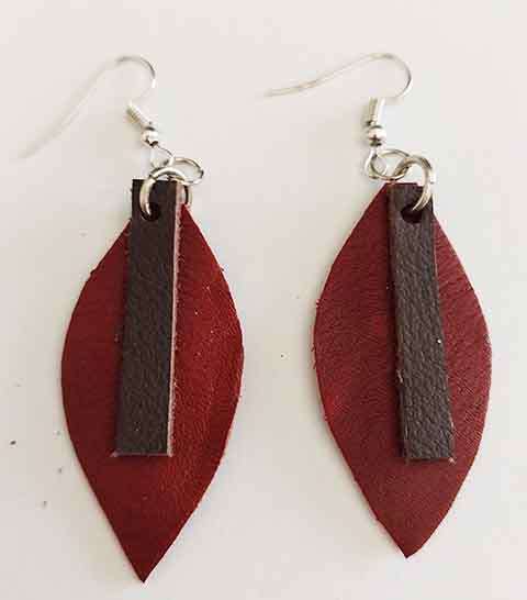 Earrings, Red With Brown Leather + Nickel Ear Hooks, 75mm, Handmade Leather Product, Unique, 2pc