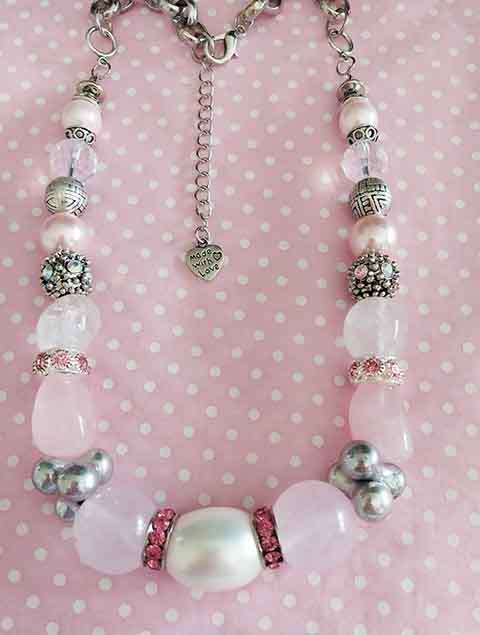 Simone Necklace, Pink Rose Quartz + Clear Crystal Beads, Pink + White, Lobster Clasp, 44cm + 5cm