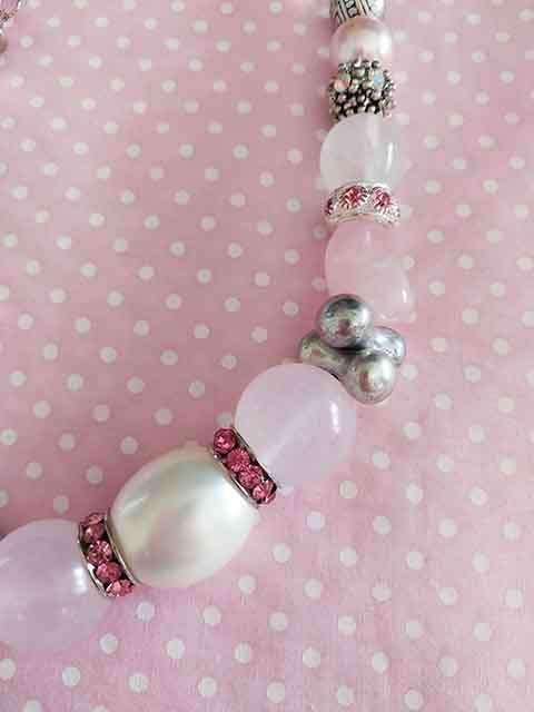 Simone Necklace, Pink Rose Quartz + Clear Crystal Beads, Pink + White, Lobster Clasp, 44cm + 5cm