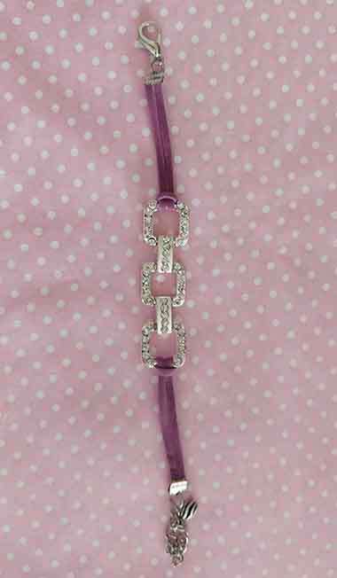 Riza Bracelet, Purple Velvet Leather Cord With Rhinestoned Centrepiece, Lobster Clasp, 17cm + 5cm