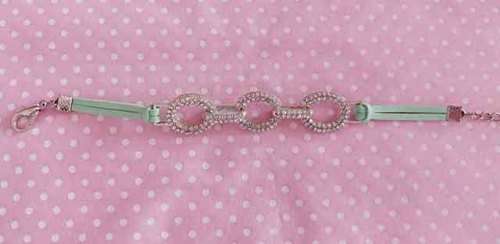 Riza Bracelet, Green Velvet Leather Cord With Rhinestoned Centrepiece, Lobster Clasp, 17.5cm + 5cm
