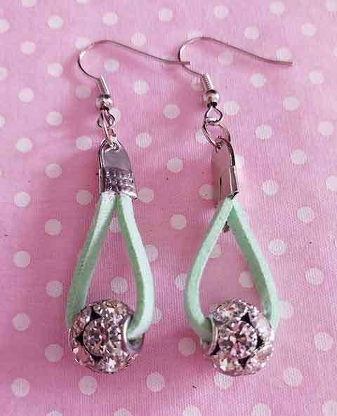 Riza Earrings, Rhinestone Ball On Green Velvet Leather Cord, Nickel Ear Hooks, 60mm, 2pc
