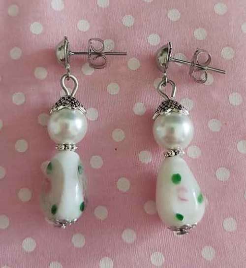Perrine Earrings, White Glass Pearls + White Teardrop Beads, Nickel Ear Studs, 38mm, 2pc
