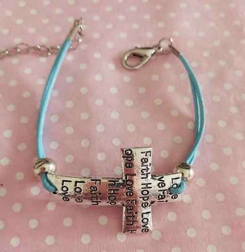 Cheri Bracelet, Blue Leather With Cross Centerpiece, Nickel Findin, Lobster Clasp, 17.5cm + 5cm, 1pc