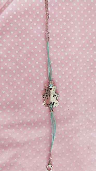 Cheri Bracelet, Green Wax Cord + Bear Centerpiece, Nickel Findings, Lobster Clasp, 17cm + 5cm, 1pc