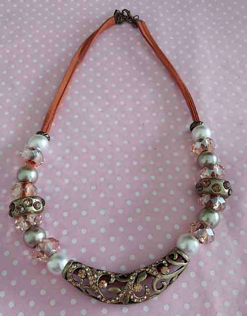 Riza Necklace, Brown Velvet Leather Cord + Rhinestoned Centerpiece, Ronda, Lobster Clasp, 43cm + 5cm