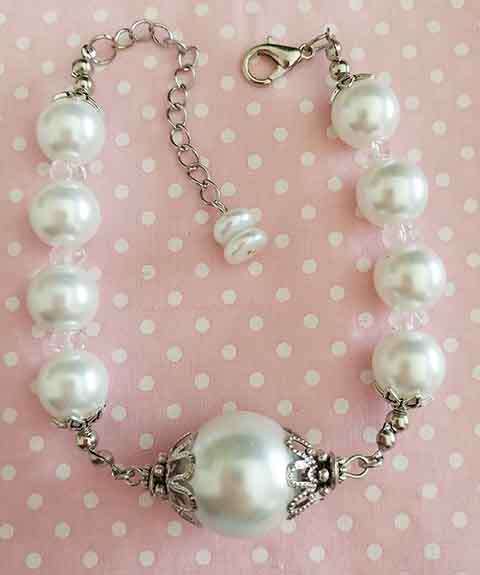 Perrine Bracelets, White Glass Pearls + Clear Crystal Beads, Nickel Findi, Lobster Clasp, 21cm + 5cm