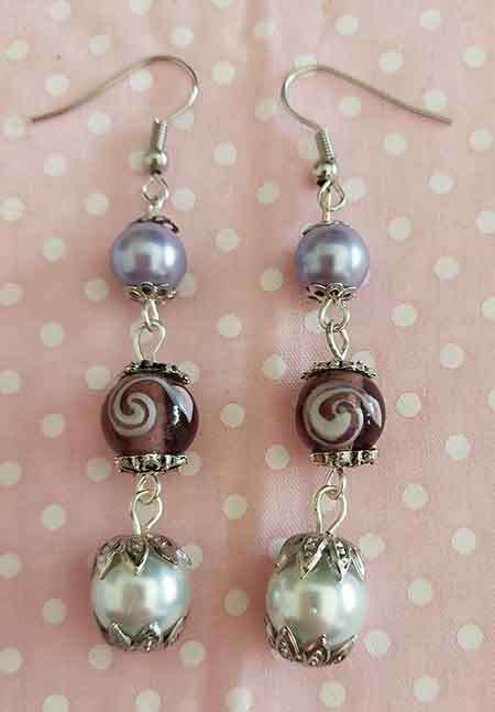 Perrine Earrings, White + Purple Glass Pearls + Indian Beads, Nickel Ear Hooks, 64mm, 2pc