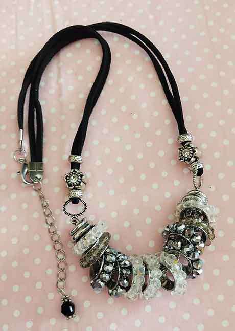 Crystal Necklace, Smoke, Silver And Clear Crystal Bead Rondals, Black Lea, Lobster Clasp, 44cm + 5cm