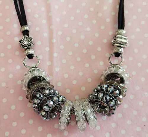 Crystal Necklace, Smoke, Silver And Clear Crystal Bead Rondals, Black Lea, Lobster Clasp, 44cm + 5cm