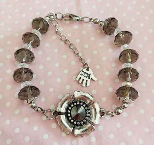 Crystal Bracelet, Smoke And Clear Crystal Beads, Flower Centre Piece With Lobster Clasp, 20cm + 5cm