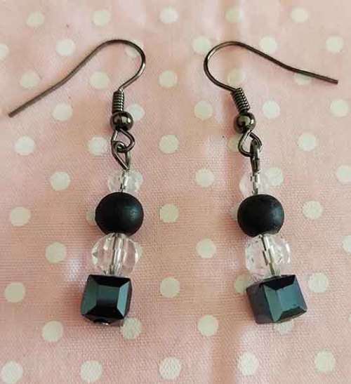 Cristia Earrings, Black And Clear Crystal Beads, Findings And Fish Hooks, 42mm, 1 Pair