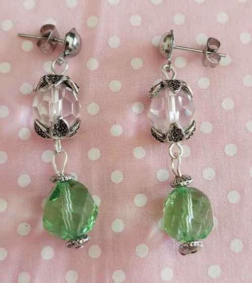 Cristia Earrings, Green + Clear Crystal Beads,  Nickel Findings And Ear Studs, 44mm, 1 Pair
