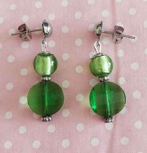 Cristia Earrings, Green Crystal And Foil Beads,  Nickel Findings And Ear Studs, 35mm