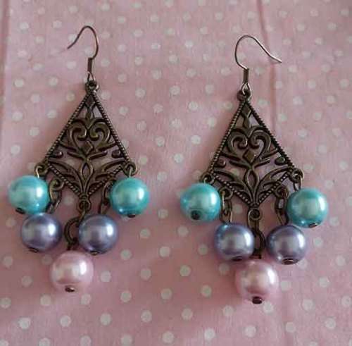 Perrine Earrings, Bronze Ear Piece With Pink, Purple+Turquoise Pearls, Shepherds Hook, 75mm, 2pc