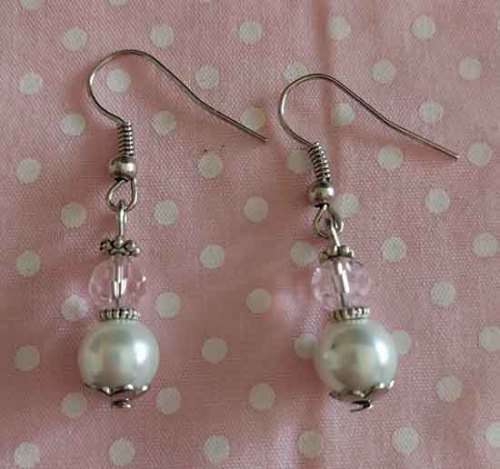 Perrine Earrings, White Glass Pearls+Pink Crystal Beads, Nickel Findings +Shepherds Hooks, 37mm, 2pc