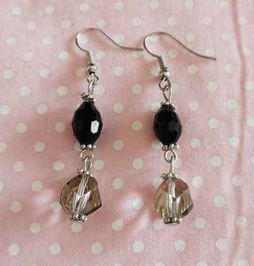 Cristia Earrings, Black+Smoke Coloured Crystal Beads,  Nickel Findings And Fish Hooks, 53mm, 2pc