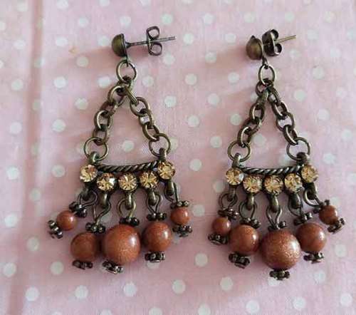 Simone Earrings, Goldstone Beads With Bronze Findings And Ear Studs, 50mm, 2pc