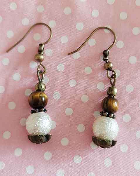 Perrine Earrings, Beige Glass Pearl+Brown Tiger Eye Beads, Bronze Findings+Fish Hooks, 40mm, 2pc