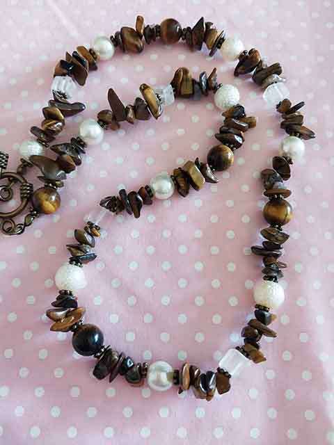 Simone Necklace, Beige Glass Pearls+Clear Quartz+Tiger Eye Beads And Chips, Toggle Clasp, 46cm