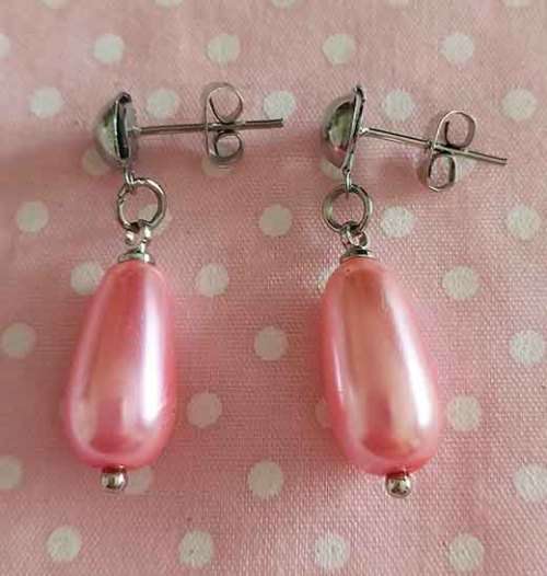 Perrine Earrings, Pink Glass Pearl Teardrops, Nickel Findings+Ear Studs, 31mm, 2pc