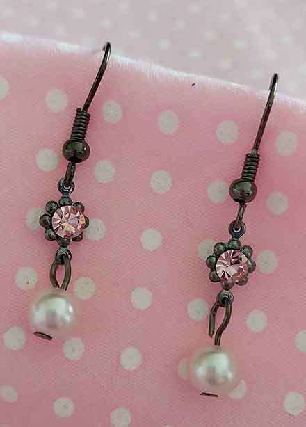 Riza Earrings, Pink Glass Pearls+Pink Rhinestones, Black Nickel Findings+ Fish Hooks, 37mm, 2pc