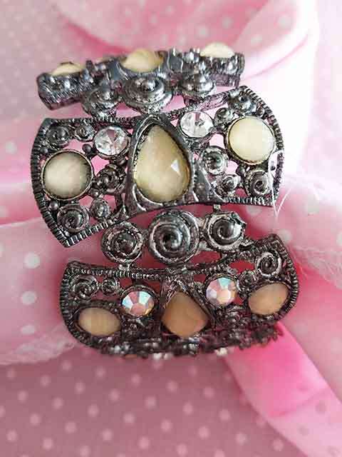 Burtell Bracelet, Antique Nickel with Rhinestones, 65mm Diameter, 40mm Wide, 1pc