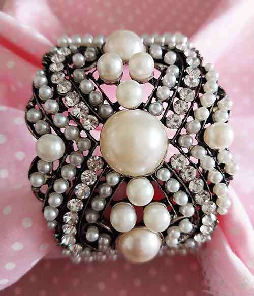 Burtell Bracelet, Antique Nickel with Clear Rhinestones+Faux Pearls, 60mm Diameter, 50mm Wide, 1pc