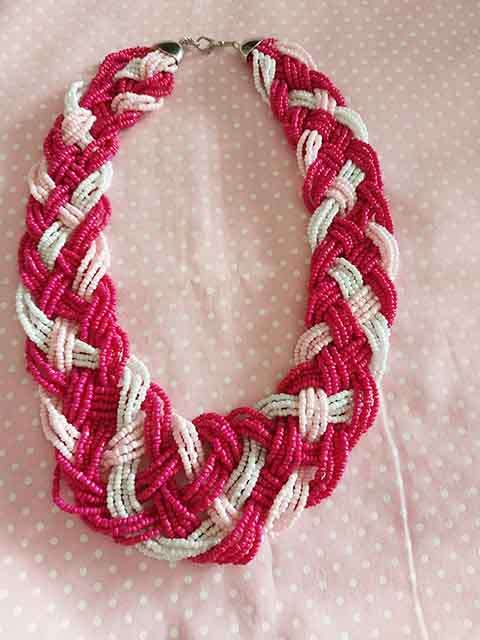 Burtell Necklace, Pink+White Seddbeads, 20 Strands Braided Togther, Lobster Clasp, 41cm+6cm, 1pc