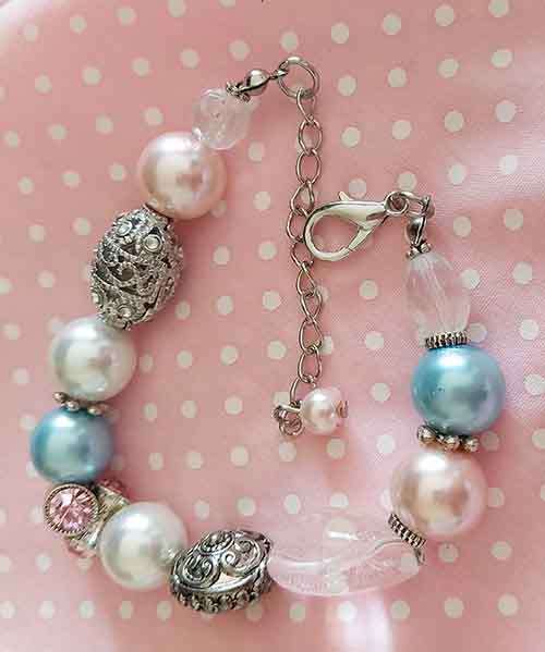 Perrine Bracelets, Blue+Pink+White Glass Pearls+Clear Q, Nickel Findings, Lobster Clasp, 18.5cm+5cm