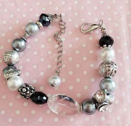 Perrine Bracelets, Grey+White Glass Pearls+Black Crystal, Nickel Findings, Lobster Clasp, 19.5cm+5cm