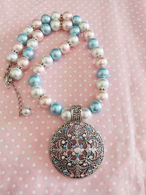 Perrine Necklace, White+Pink+Blue Glass Pearls+Pendant, Lobster Clasp, 46cm+5cm, 1pc