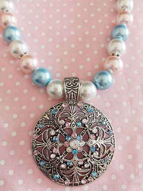 Perrine Necklace, White+Pink+Blue Glass Pearls+Pendant, Lobster Clasp, 46cm+5cm, 1pc