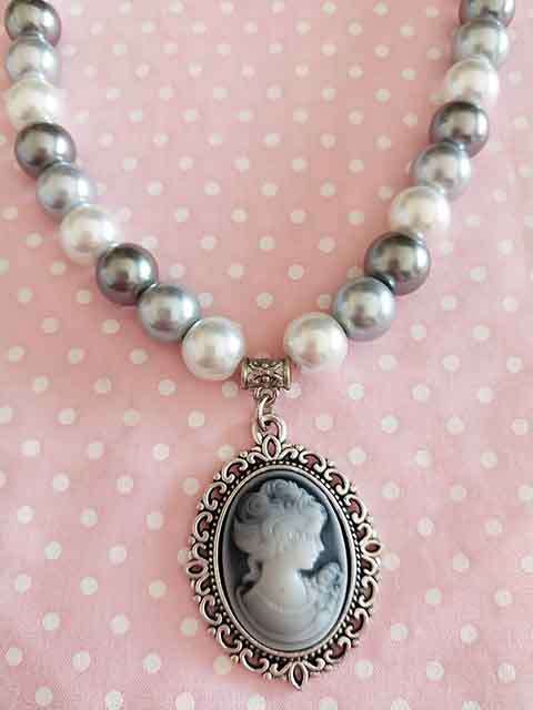 Perrine Necklace, Grey+White Glass Pearls+Cameo Style Pendant, Lobster Clasp, 44cm+5cm, 1pc