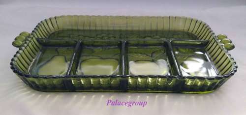 Green glass platter/snack dish, 5 in 1, dimensions: L 290mm x W 230mm x H 30mm.