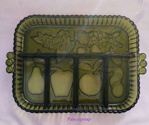 Green glass platter/snack dish, 5 in 1, dimensions: L 290mm x W 230mm x H 30mm.