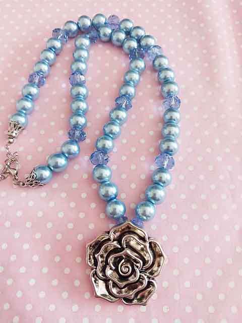 Perrine Necklace, Blue Glass Pearls+Crystal Beads, Nickel Flowe Pendant, Lobster Clasp, 50cm+5cm Ext