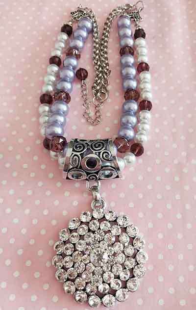 Perrine Necklace, White+Purple Glass Pearls+Purple Crystal Beads, Lobster Clasp, 42cm With 5cm Ext
