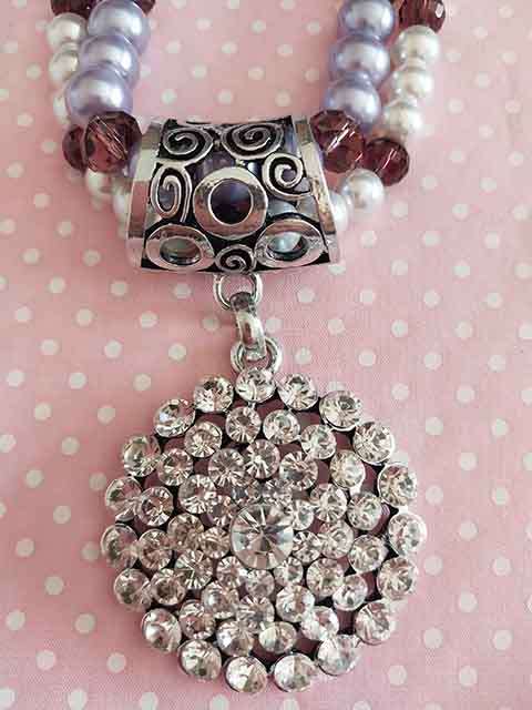 Perrine Necklace, White+Purple Glass Pearls+Purple Crystal Beads, Lobster Clasp, 42cm With 5cm Ext