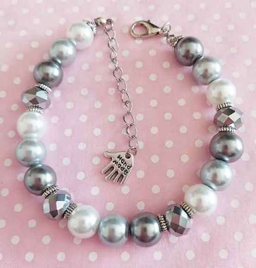 Perrine Bracelets, Grey+White Glass Pearls+Silver Coloured Crystal Beads, Lobster Clasp, 21cm+5cm