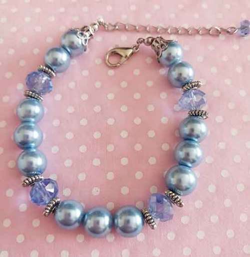 Perrine Bracelets, Blue Glass Pearls+Blue Crystal Beads, Lobster Clasp, 20cm+5cm