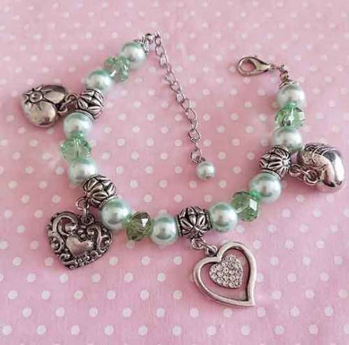 Perrine Bracelets, Green Glass Pearls+Green Crystal Beads, Lobster Clasp, 19.5cm+5cm